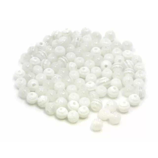 100 Round Resin Beads Striped 6mm Clear And White Hole 1.9mm Acrylic P00247U