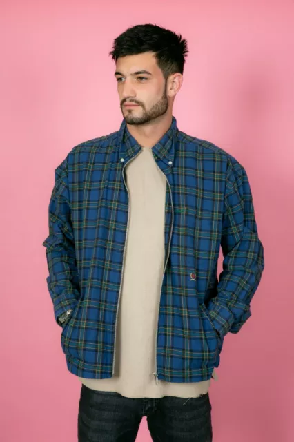 Customised vintage navy blue green plaid check shirt jacket -harrington shacket