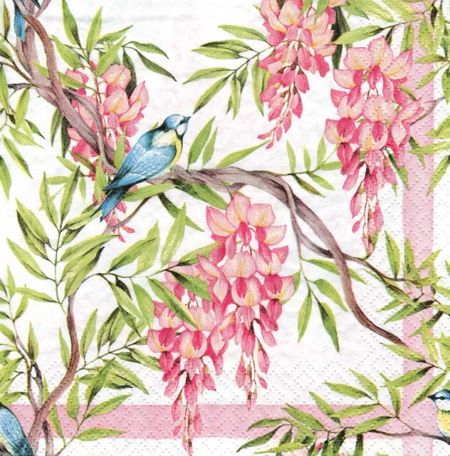 3 lose Lunch Servietten Napkins Wisteria rosa Blumen  Vögel Shabby