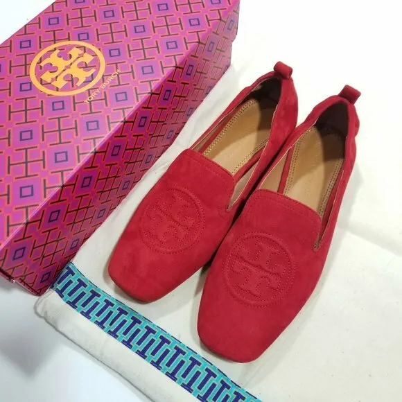 Tory Burch Leigh Loafer Ballet Flat RED Silk Suede Shoes Womens Sz 7.5 NIB $298