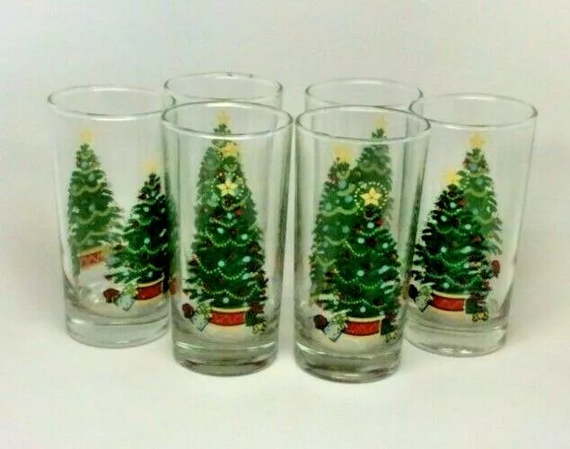 Christmas Tree Glass Tumblers Set of 6 ~ Holiday Glasses ~ Holiday Kitchen Decor