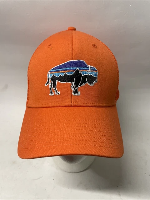 Patagonia Blaze Orange Fitz Roy Bison Buffalo Trucker Hat Mesh Snapback RARE