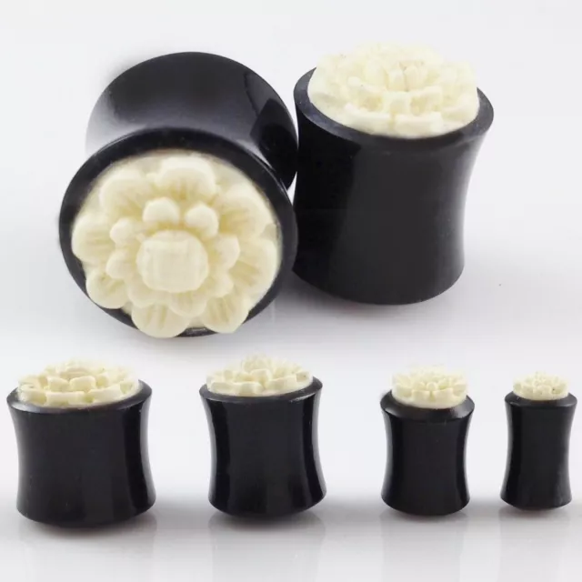 CLOSEOUT! PAIR of Organic Hand Carved Sunflower Bone Horn Ear Gauges Plugs