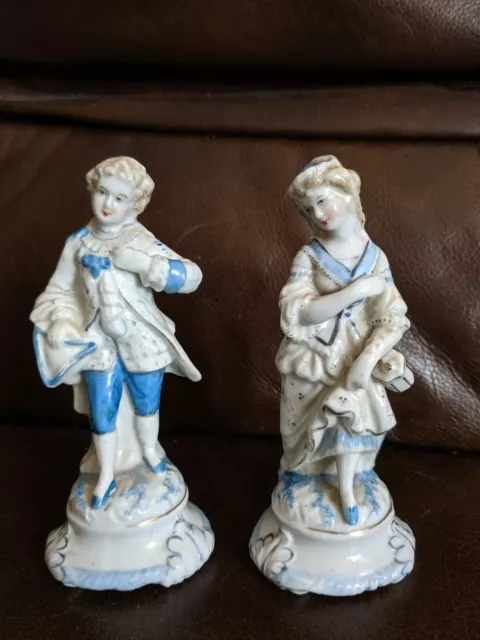 Antique Victorian German Porcelain Sitzendorf Courting Couple Blue White Figurin