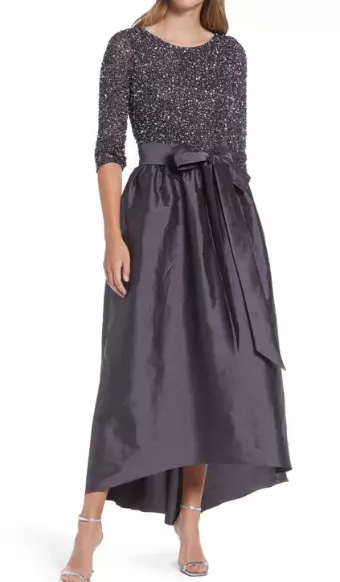 Pisarro Nights Women's Grey Beaded Bodice Taffeta a-Line Gown, 12