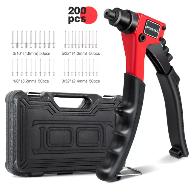 Rivet Gun Manual Hand Riveter Tool Kit with 200 PCS Rivets & Carrying Case