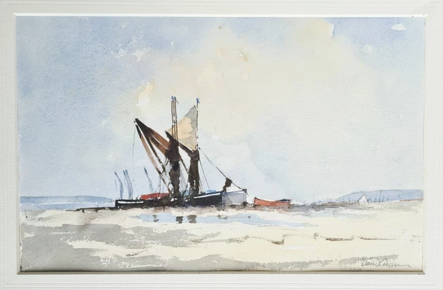 Acuarela Vista De Borde Del Mar, Barcos Trenzado Firmada David (Reino Uni) 20ème