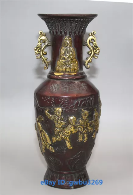 Vintage Chinese old bronze handwork carved Children's Guanyin Vases w Mark 21628