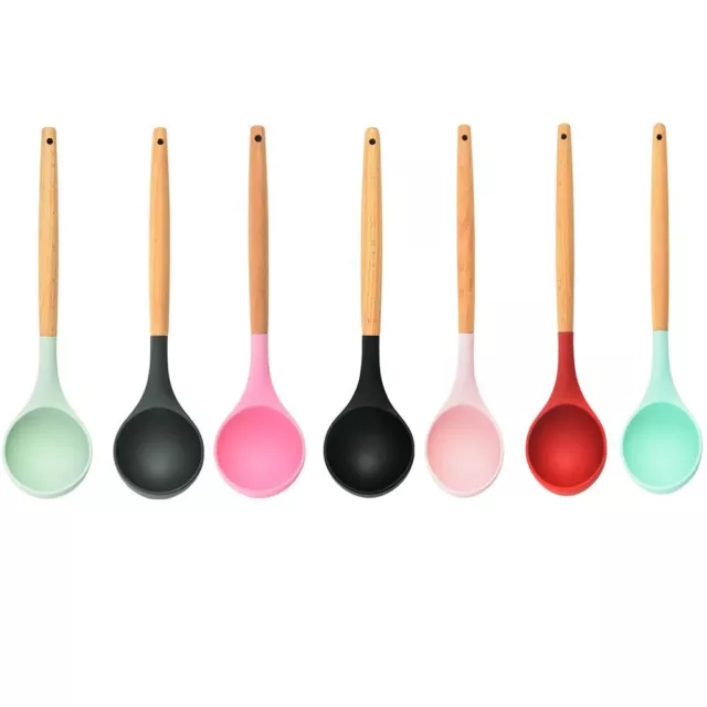 Silicone Soup Spoon Long Wood Handle Soup Ladles  for Kitchen Utensils