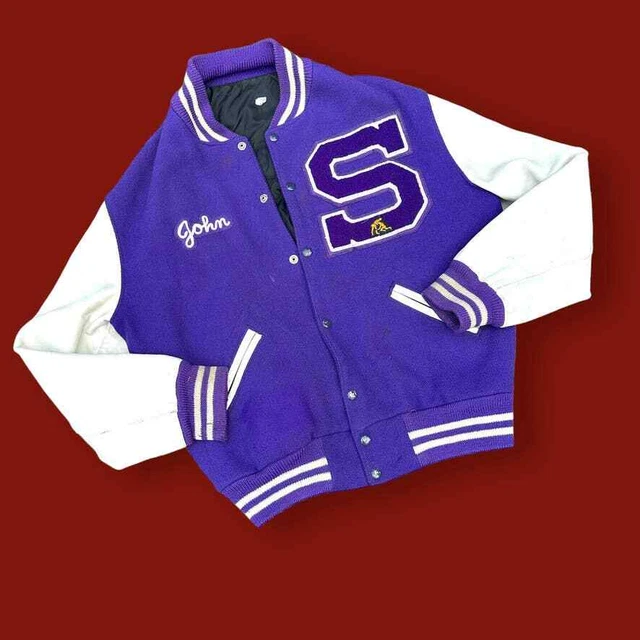 VINTAGE LETTERMAN VARSITY Jacket Wool Leather Wrestling Purple White Sz