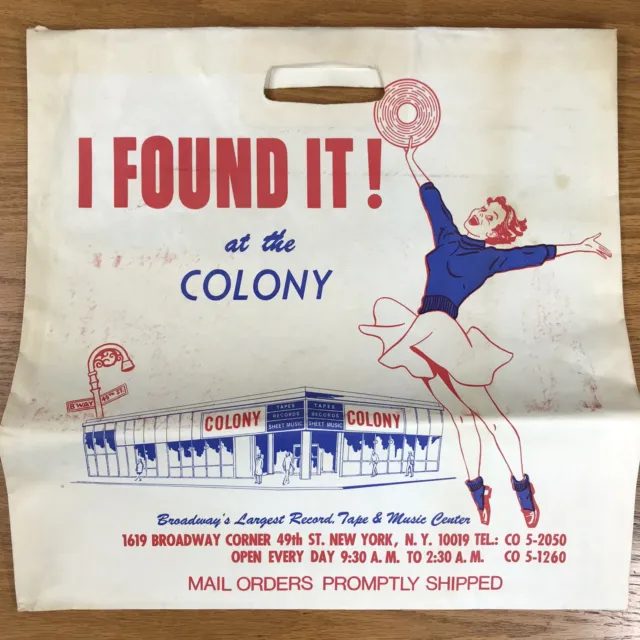 Vintage The Colony Record & Music Store Paper Shopping Bag 1970s Broadway NYC