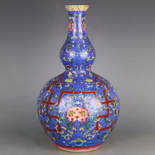 Chinese Blue Enamel Porcelain Qing Qianlong Lotus Design Gourd Shape Vase 15.7"
