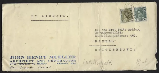 Iraq Switzerland 1938 Baghdad To Basel Air Mail Franked King