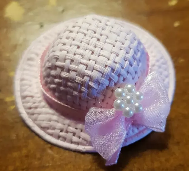 Miniature Dollhouse Decorated Pink Hat With Bow With Pearl Detailing