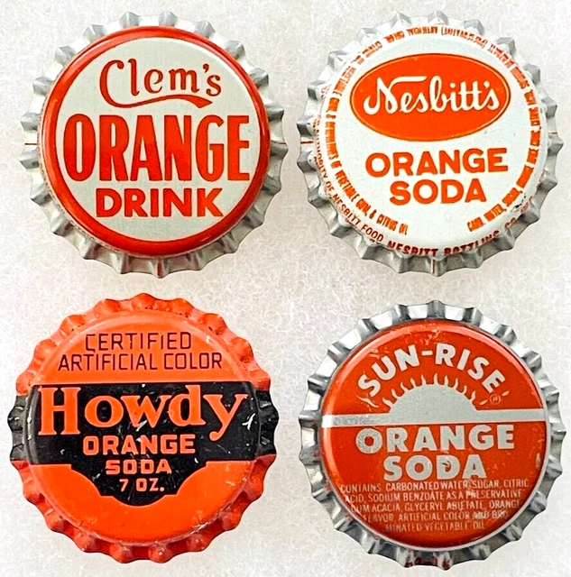 VINTAGE SODA BOTTLE Cap Lot 4 Metal Caps ORANGE Sun Rise Nesbitt Clem's