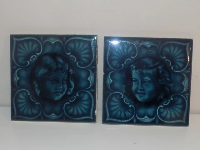 Art Nouveau 1905 Pair Of Girl & Boy Majolica Tiles By Henry Richards W & E Corn