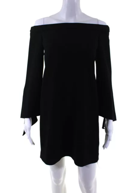 Tibi Womens Solid Black Off Shoulder Long Sleeve A-Line Mini Dress Size 0