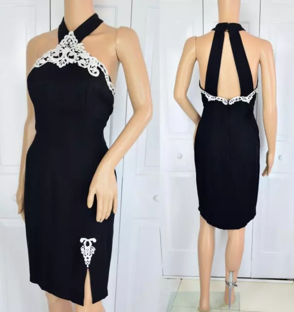 VTG 80s Jessica McClintock Mini Black Lace Y Neck Chocker Bandage Cocktail Dress