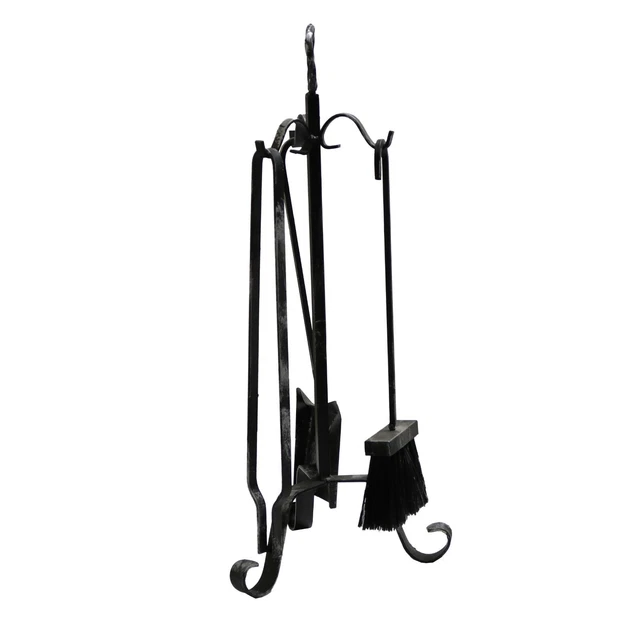 Trespolo in ferro con attrezzi camino tre accessori paletta , scopetta e pinza