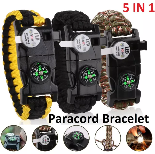 Flint Fire Starter 5in1 Survival Paracord Bracelet Whistle Compass Gear Tool Kit