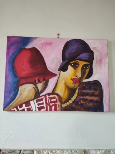Meoni Quadro Dipinto A Mano Donne Con Cappello Visi Volti Figure  Lempicka