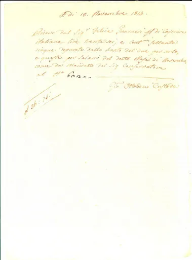 1814 CREMONA Ricevuta custode Giovanni OTTOBONI a Felice GUARNERI *Manoscritto