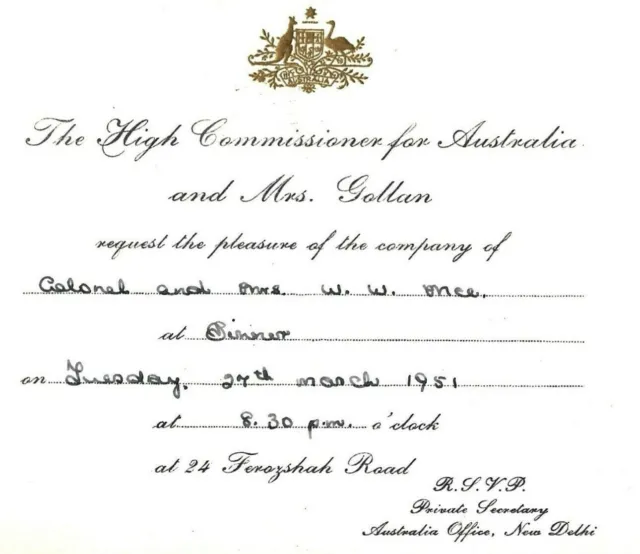 Vintage Invitation From Australian High Commissioner Roy Gollan New Delhi 1951 2