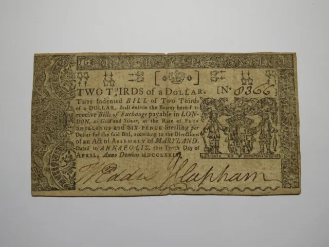 1774 $2/3 Maryland MD Colonial Currency Bank Note Bill Very Fine++ RARE ISSUE