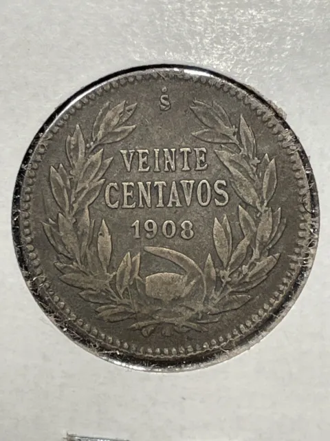 1908 So Silver (40%) 20 Centavos Coin from Chile, nice circulated coin