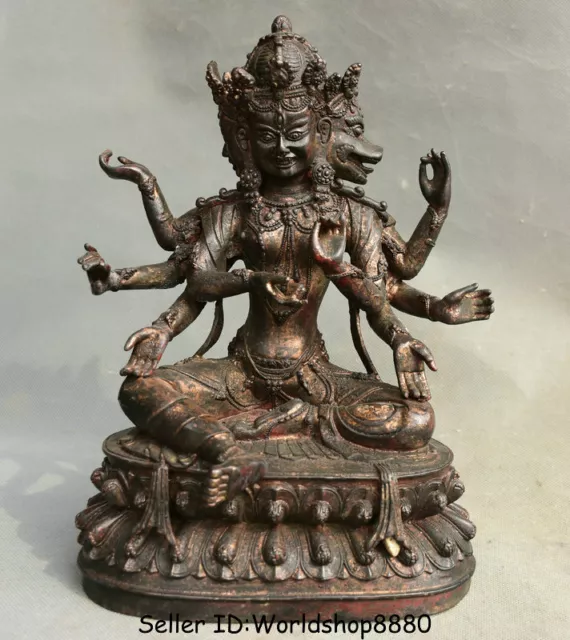 12" Antique Tibet Bronze 3 Head 8 arms Namgyalma & Ushnishavijaya Buddha Statue