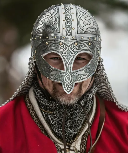 Medieval Viking Vendel Helmet With Chainmail Steel Etch SCA LARP Helmet Cosplay