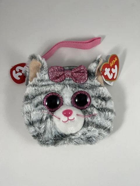 TY Gear Beanie Boos KIKI Grey Cat Wristlet Coin Purse with Strap MWMT Heart Tags