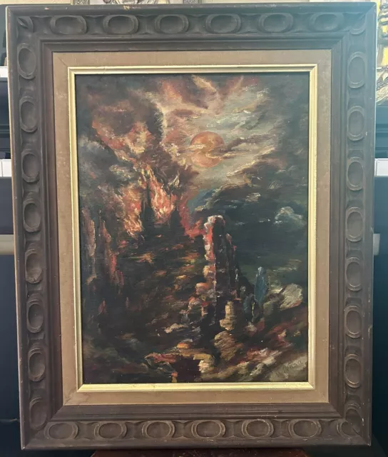 Jesus Vintage Oil Painting Burning Bush Fire Cross Moses Mary Christian Signed