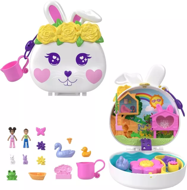 Polly Pocket Dolls and Playset, Animal Toys, Flower Garden Bunny Compact with