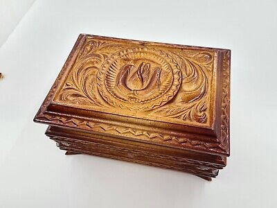 Vintage Soviet Wooden Carved Jewelry Box Handmade from Linden with Rose USSR
