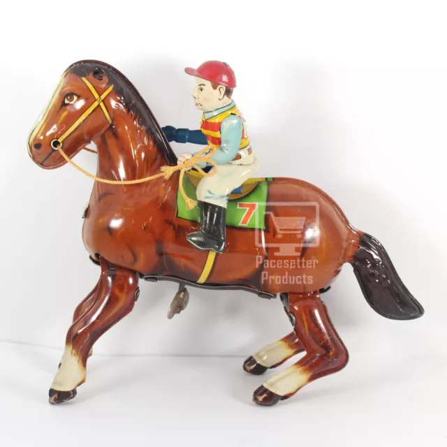 Vintage Mechanical Working Wind-up Horse and Jockey Toy 1950s Haji Made in Japan