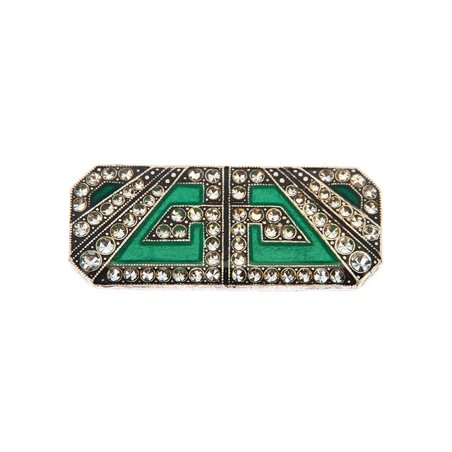 Broche Vintage Années 70/80 - Style Art Déco Demi-lune - Résine Noire & Métal Doré Strass