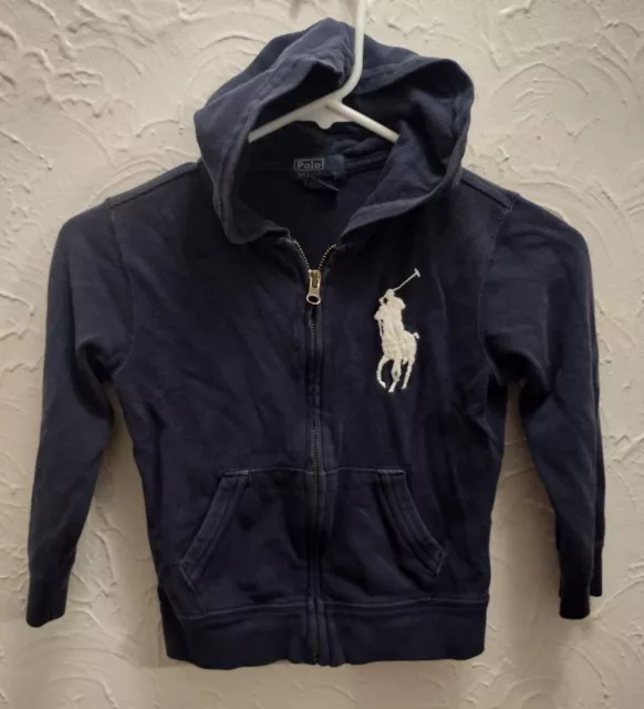 Polo By Ralph Lauren Zip Up Hoodie Boys Size 5 Blue With Large White Pony Logo