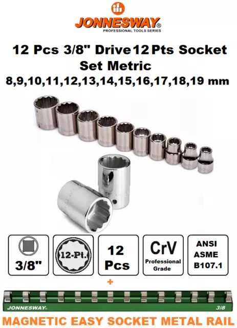 Jonnesway 13 Pcs 3/8" Drive 12 PT Metric Socket Set 8 to 19mm + Magnetic Rail