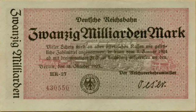 3867: Notgeld Banknote Inflation 20 Milliarden Mark 1923 Deutsche Reichsbahn