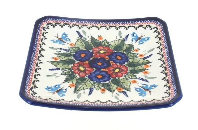 Blue Rose Polish Pottery Floral Butterfly Square Dessert Plate