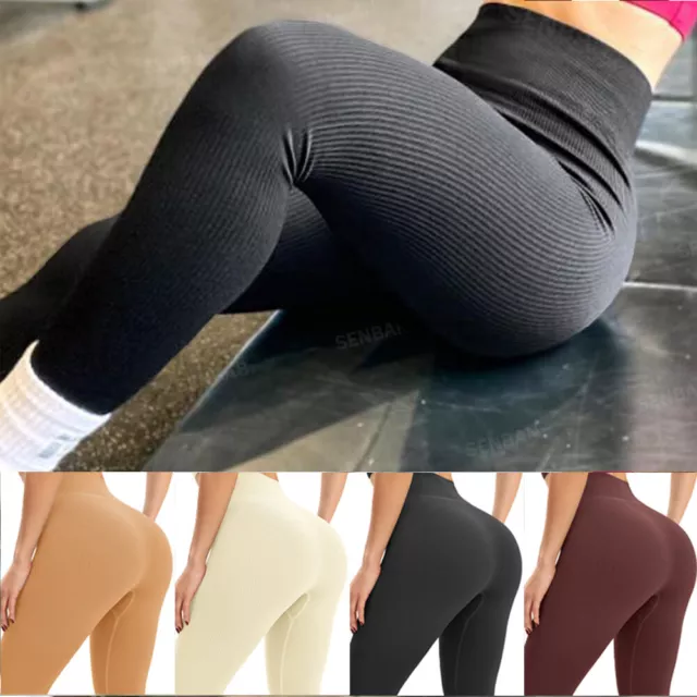 Ribbed Stretchy Leggings Womens High Waist Ladies Jogging Bottoms Gym Trousers