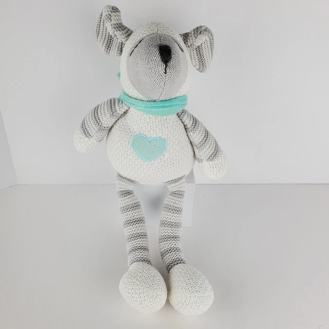Elegant Baby Lamb Plush White Gray Knit Sheep Teal Scarf and Heart 14"