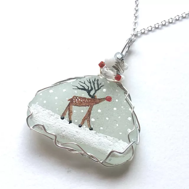 Christmas baby rudolph reindeer necklace, hand painted to order - 18" chain