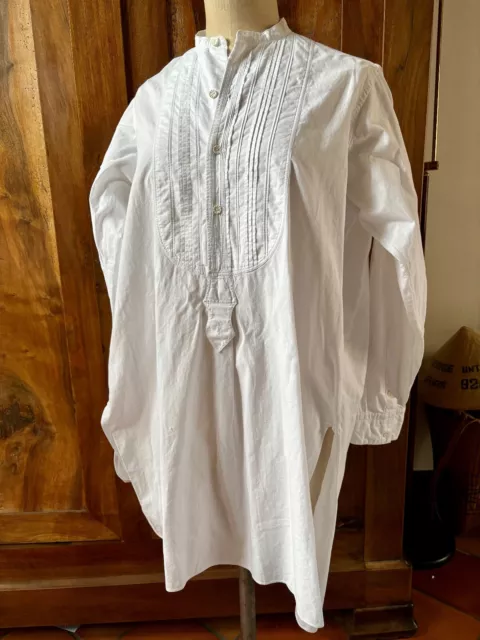 Ancienne CHEMISE GRAND-PERE coton blanc 2 pans+plastron plis religieuse No 3