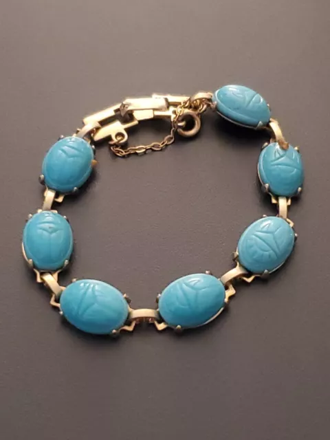 Antique Turquoise Blue Lucite Scarab Beetle Egyptian Revival Bracelet Art Deco