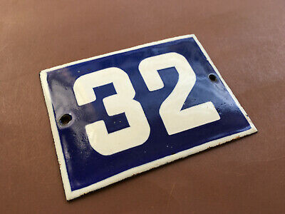 ANTIQUE VINTAGE FRENCH ENAMEL SIGN HOUSE NUMBER 32 DOOR GATE SIGN BLUE 1950's