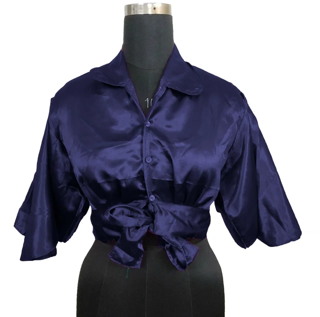Femme Spécial Flaredsleeve Haut Bleu Marine Décontracté Satin Créateur Col S116