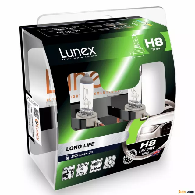 2x H8 Car Headlight Bulbs 35W 12V Lunex LONG LIFE 3000K PGJ19-1 HardCase