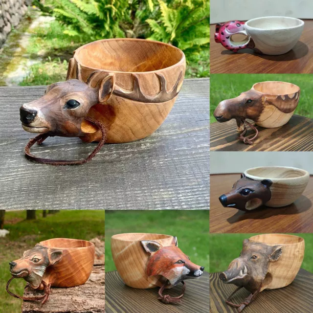 Hand Carved Wooden Mug Animals Head Image Cup For Beer Tea Milk Camping Gear Cup